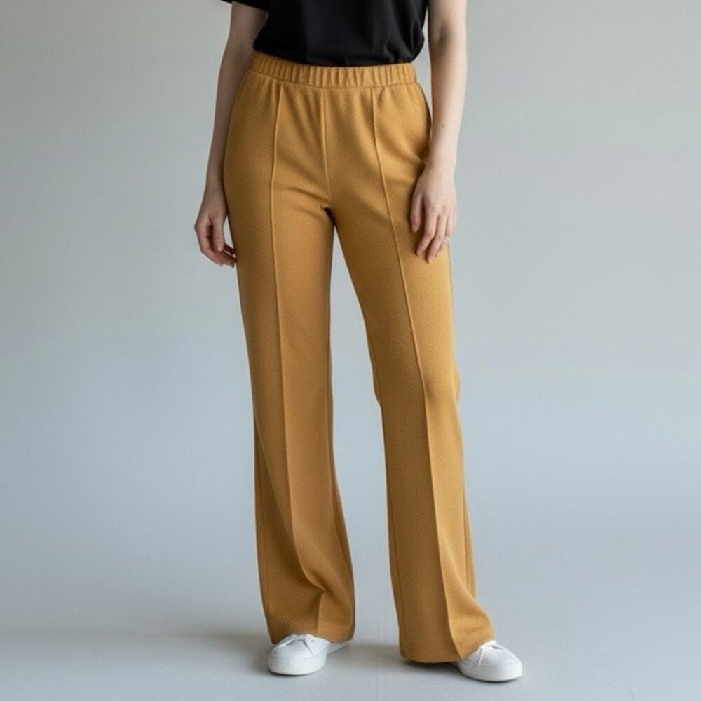 Camel Tan 70s Vintage Straight-Leg Knit Pants Retro Elastic Waist Trousers